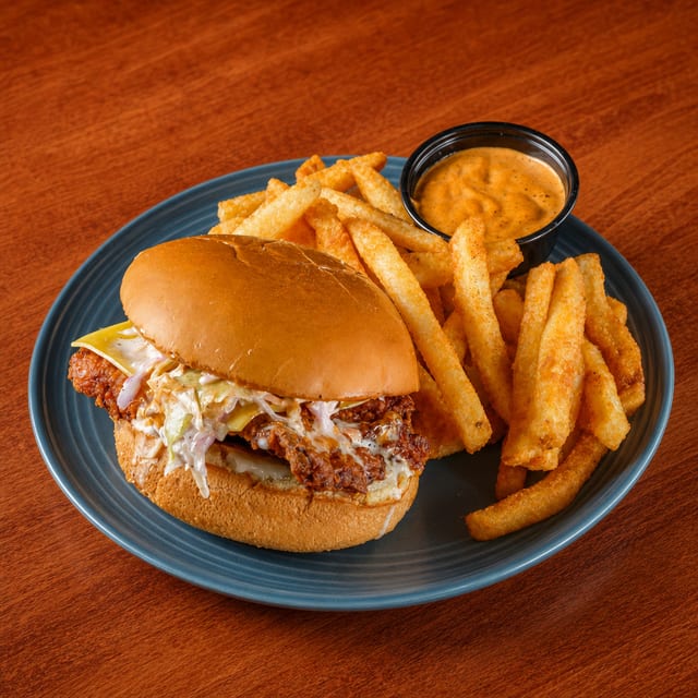 Loco’s HOT Sandwich (Single), Seasoned Fries..