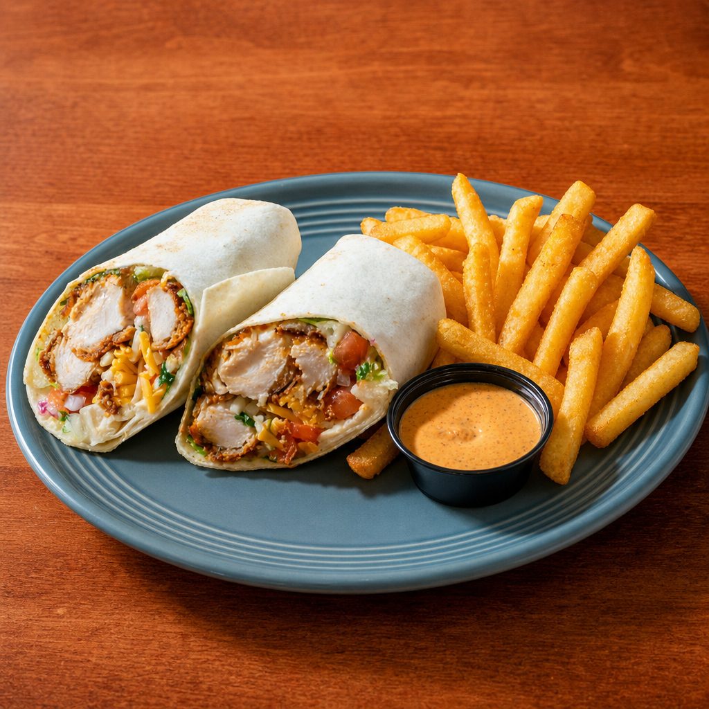 HOT Chicken Wraps (For 2), Seasoned Fries..
