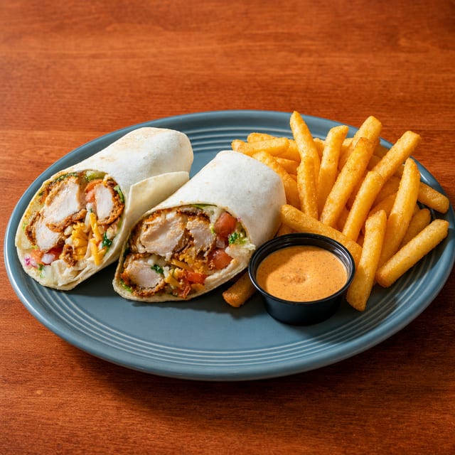 HOT Chicken Wraps (For 2), Seasoned Fries..