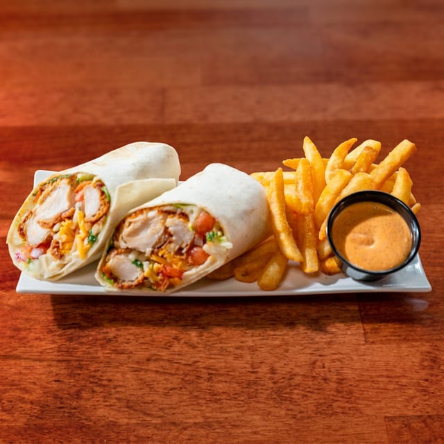 Hot Chicken Wraps (For 2), Seasoned Fries..
